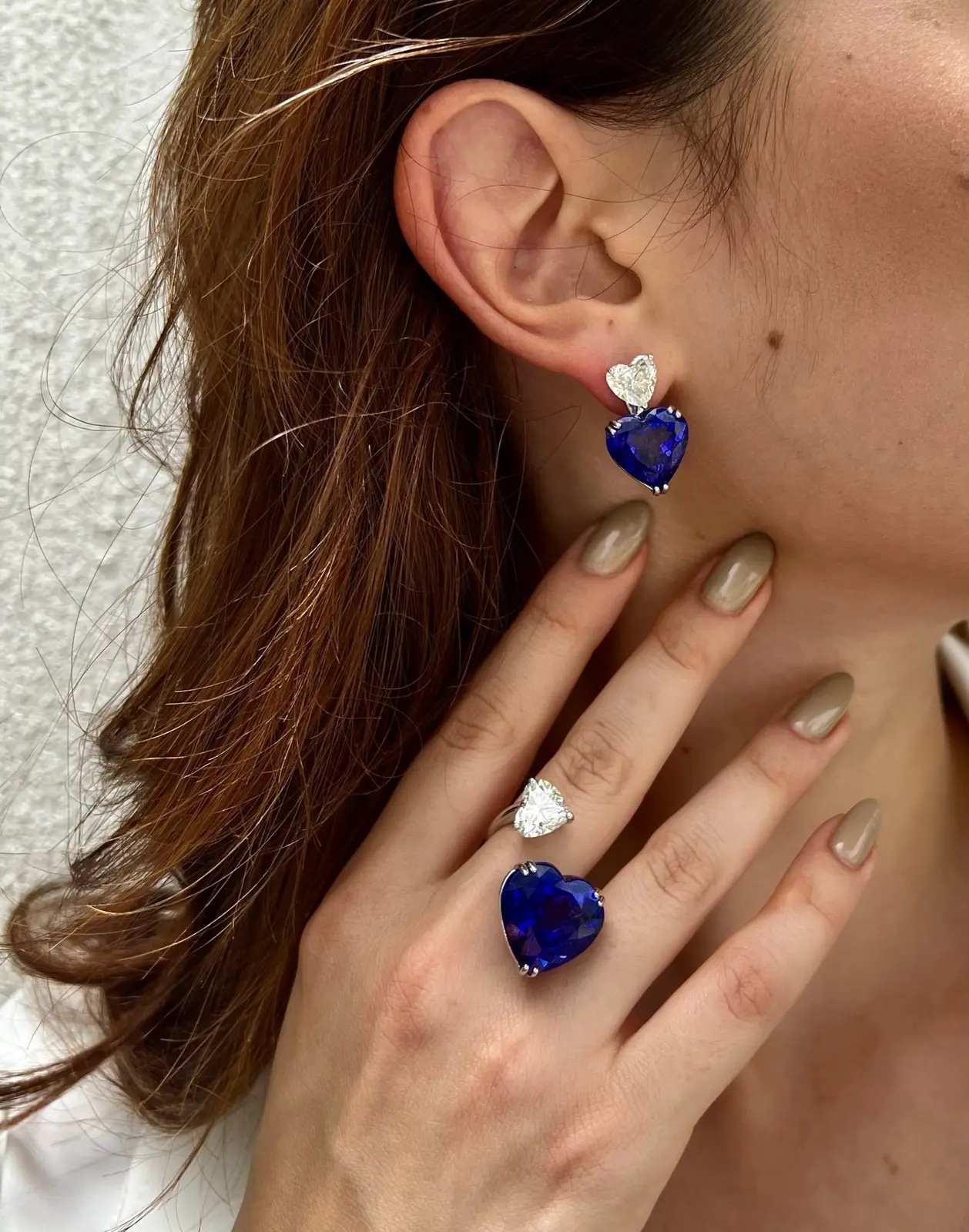Tanzanite heart earrings, worn