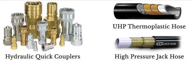 Hydraulic quick couplers, UHP thermoplastic and high pressure jack hose