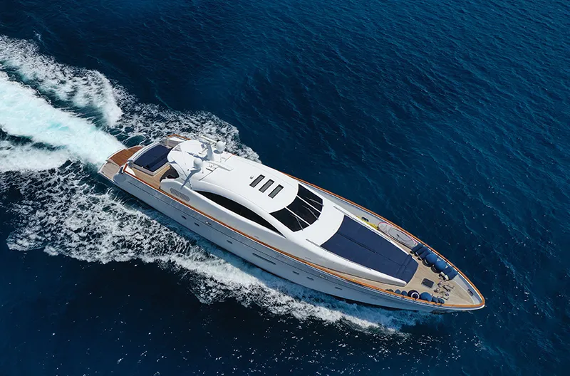 Luxury yacht cruising the deep blue Gulf waters off Dubai