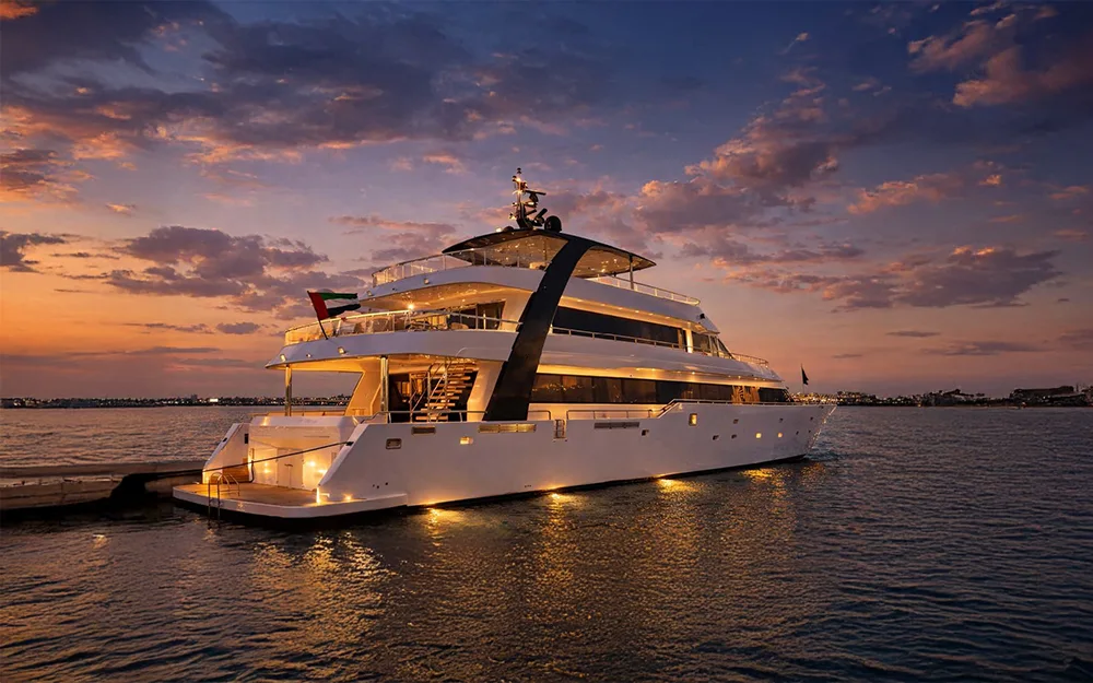 The 140 ft Carmen mega yacht cruising Dubai Marina at sunset