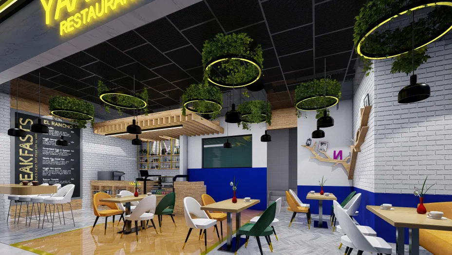 Casual restaurant dining hall with planted ring lights