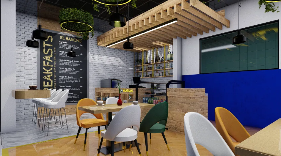 Café breakfast counter with chalkboard menu wall