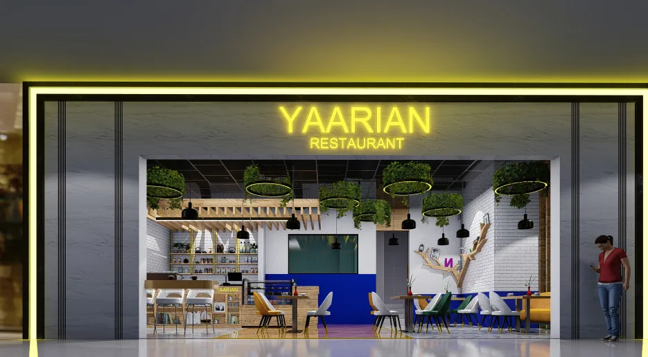 Mall restaurant storefront with neon signage