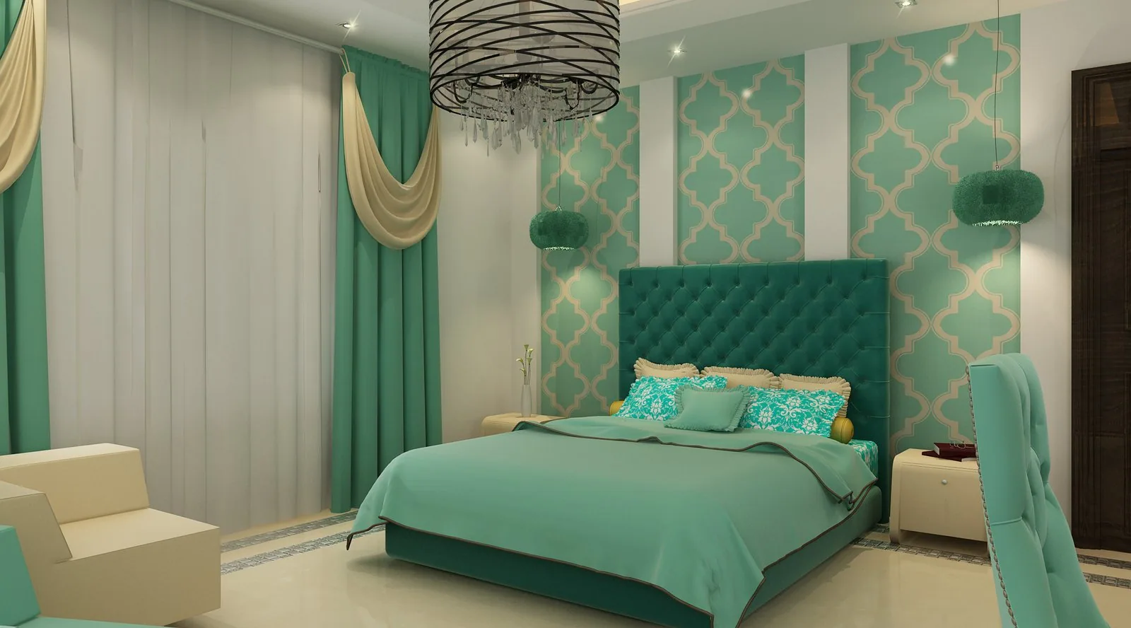 Patterned bedroom with upholstered headboard