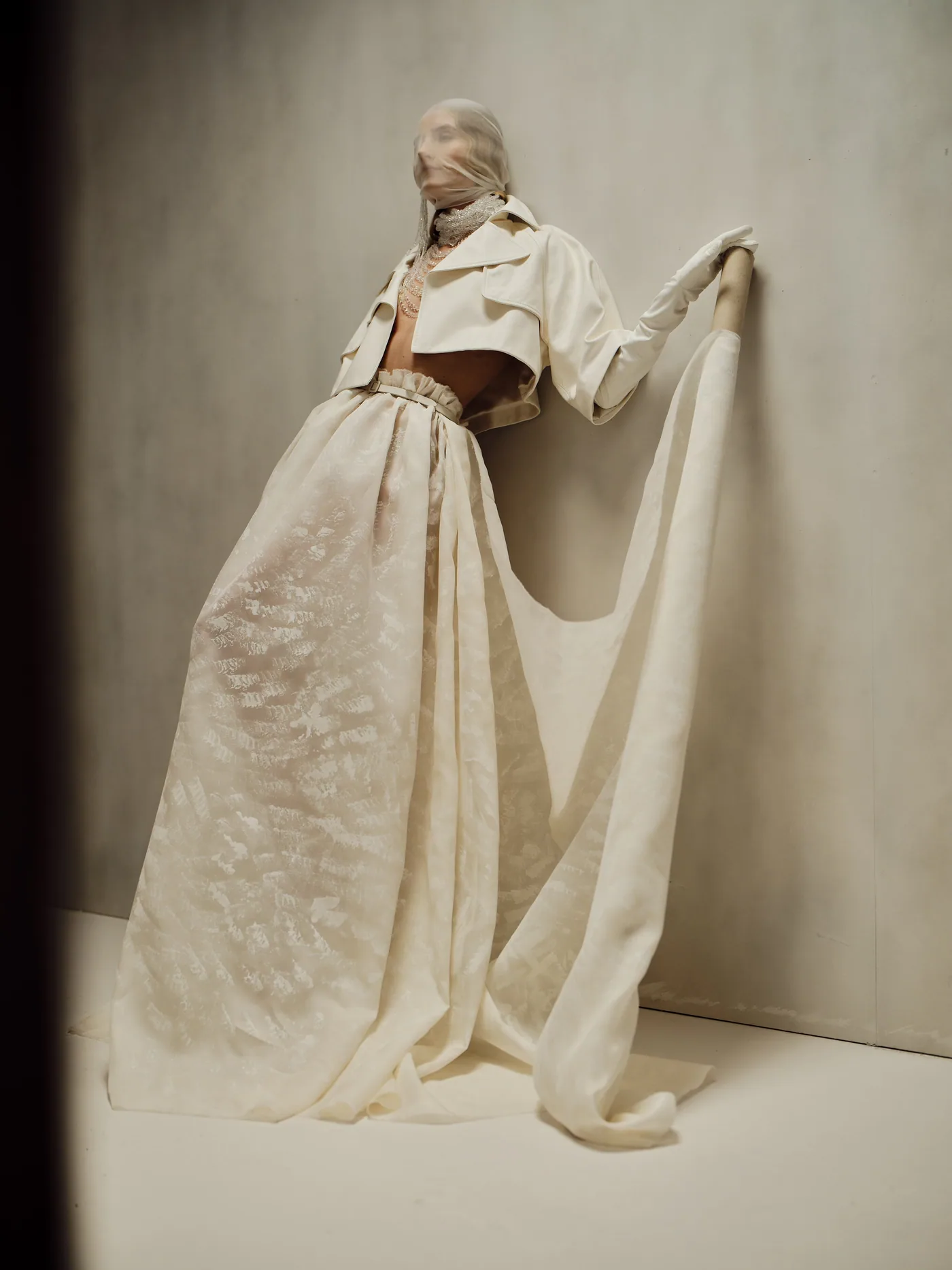 Cropped ivory cape with drape