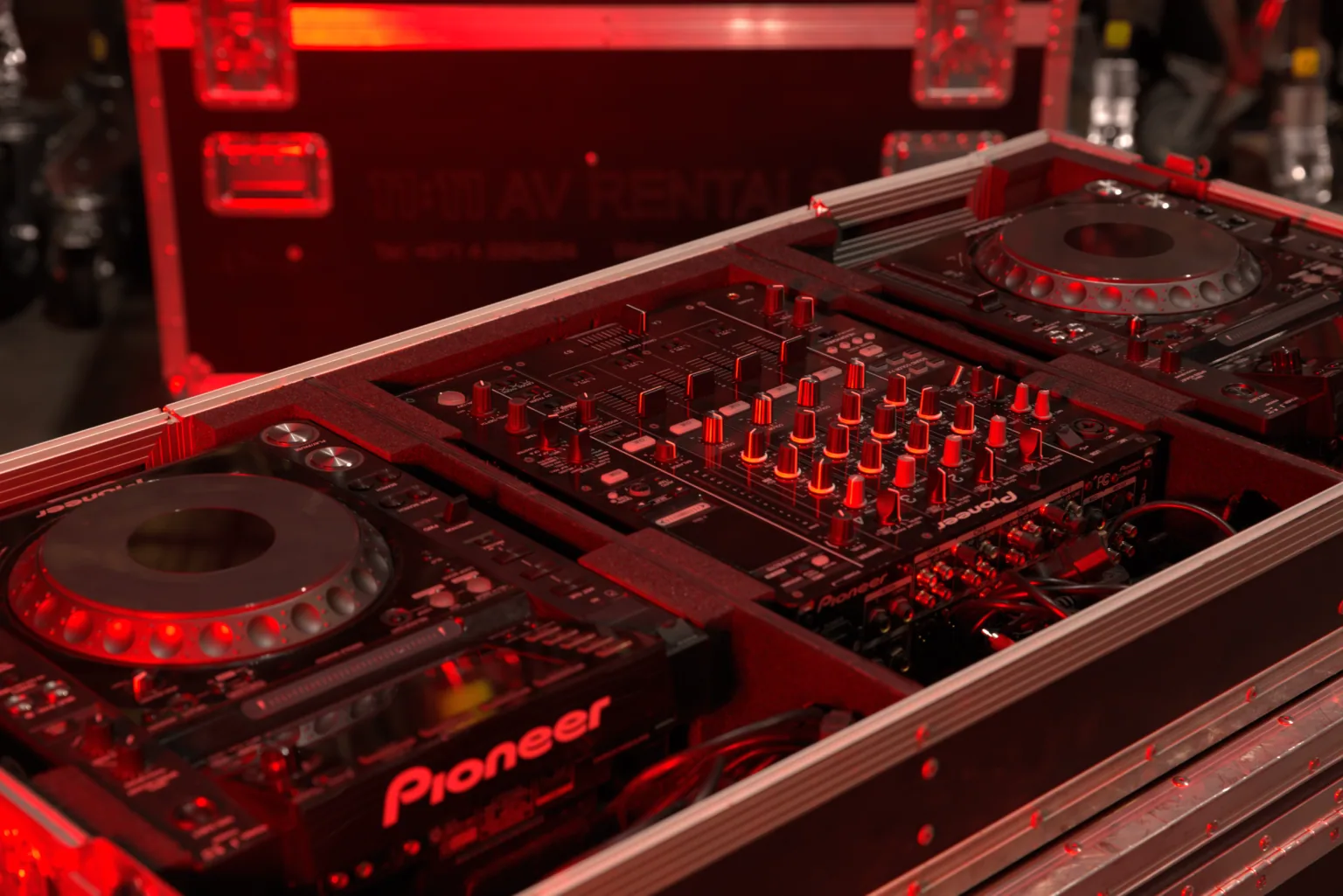 11:11 AV Rentals branded flight case with Pioneer DJ decks and mixer