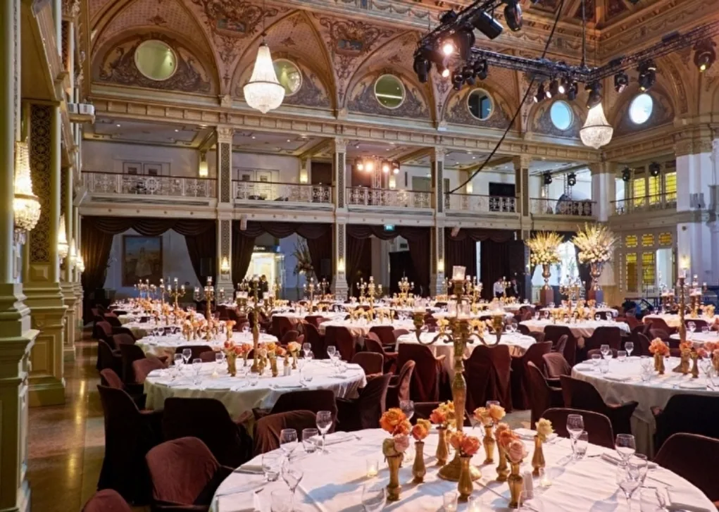 Ballroom set for a gala dinner