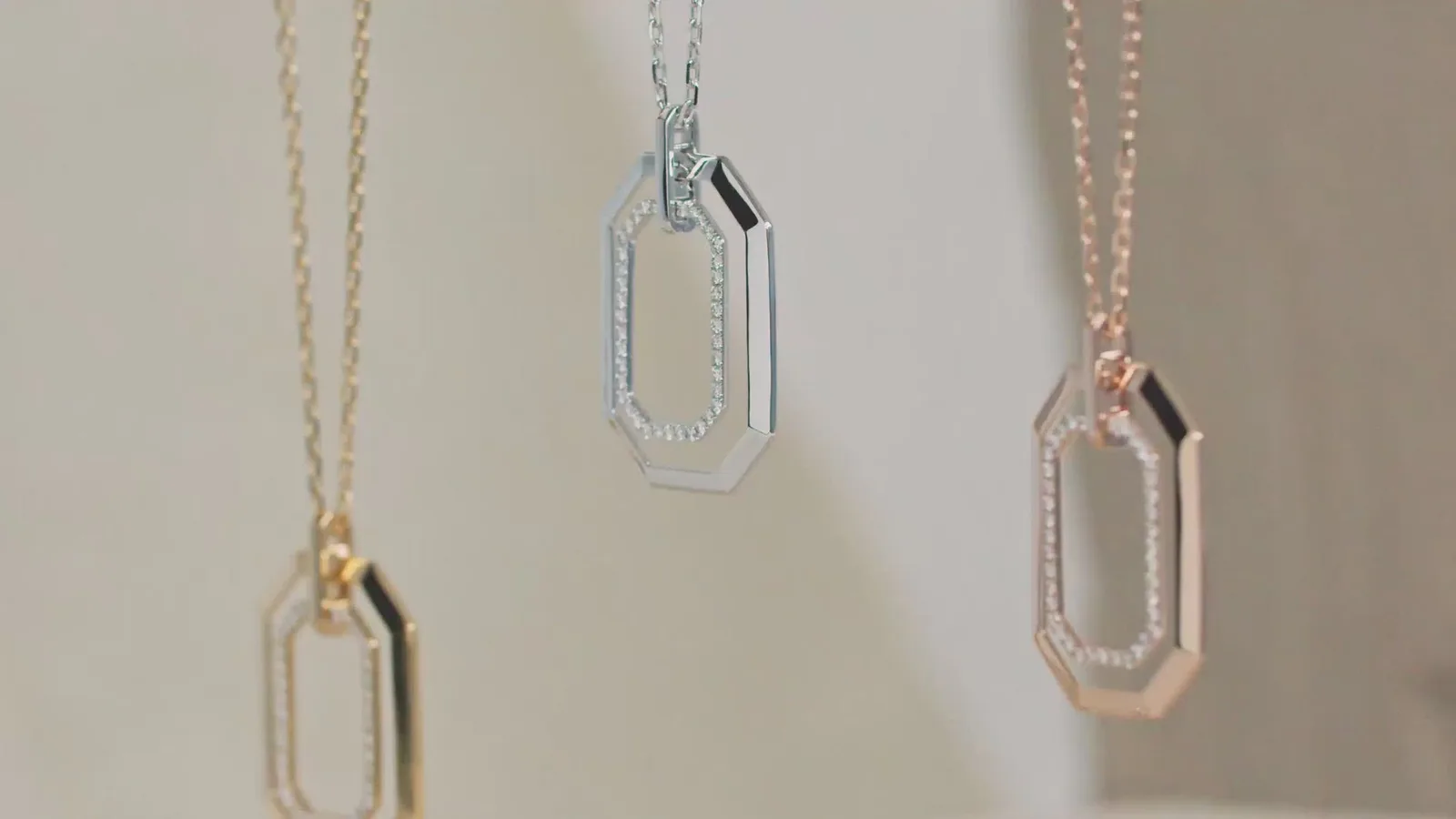 ARQA Octagon pendants in yellow, white and rose gold with pavé diamond