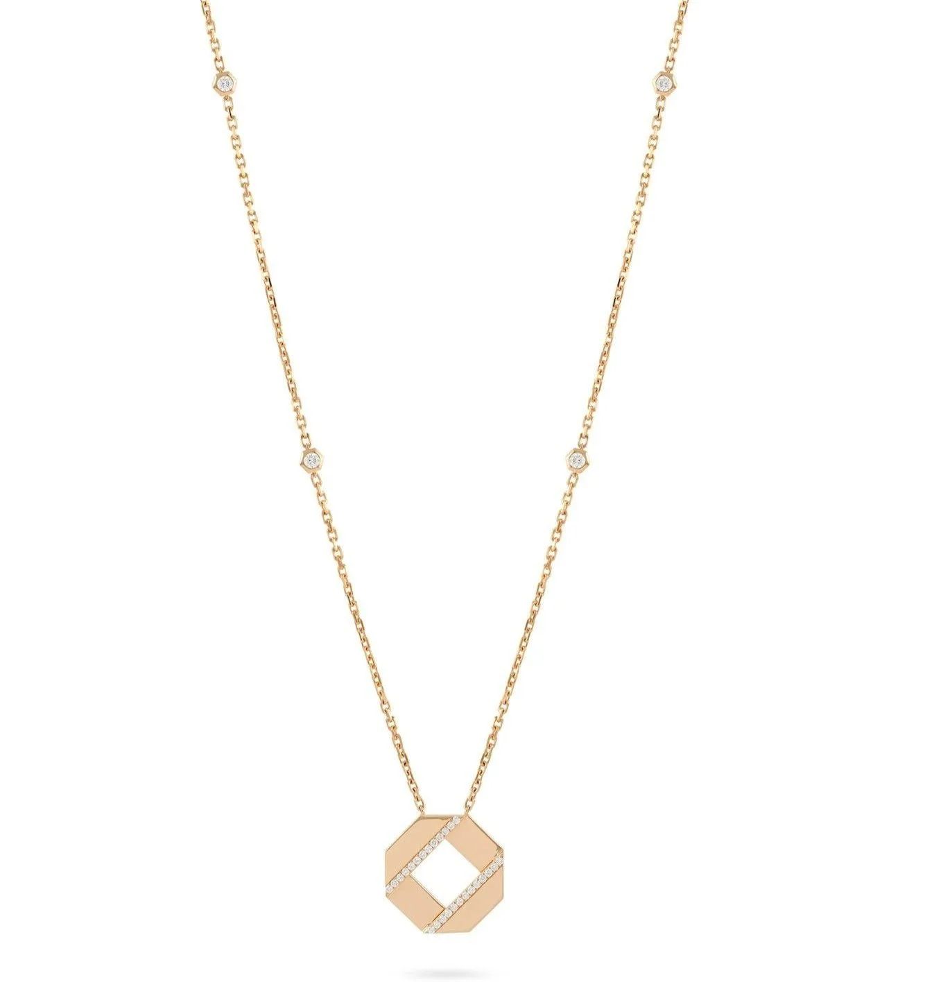 The ARQA Octagon long necklace in rose gold with pavé diamond — the house's signature geometry