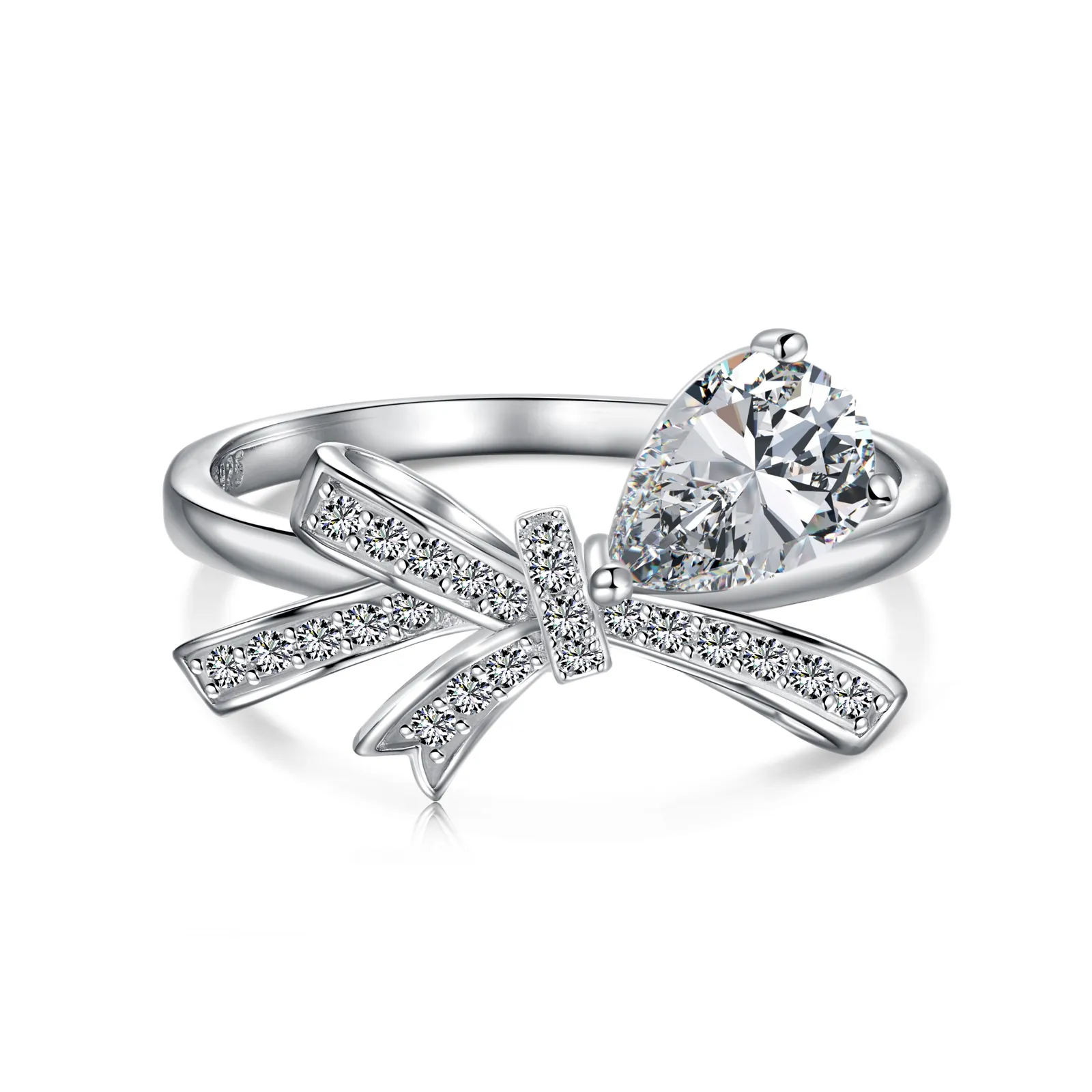 Bow Heart sterling silver ring with heart-cut stone