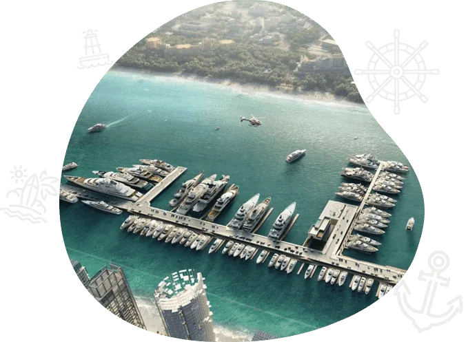 Aerial view of a Dubai marina filled with luxury yachts