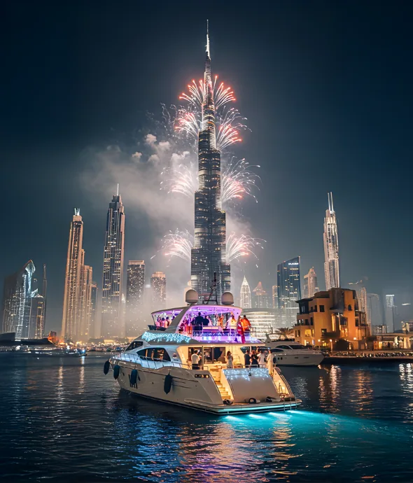 Yacht watching New Year fireworks over the Dubai skyline