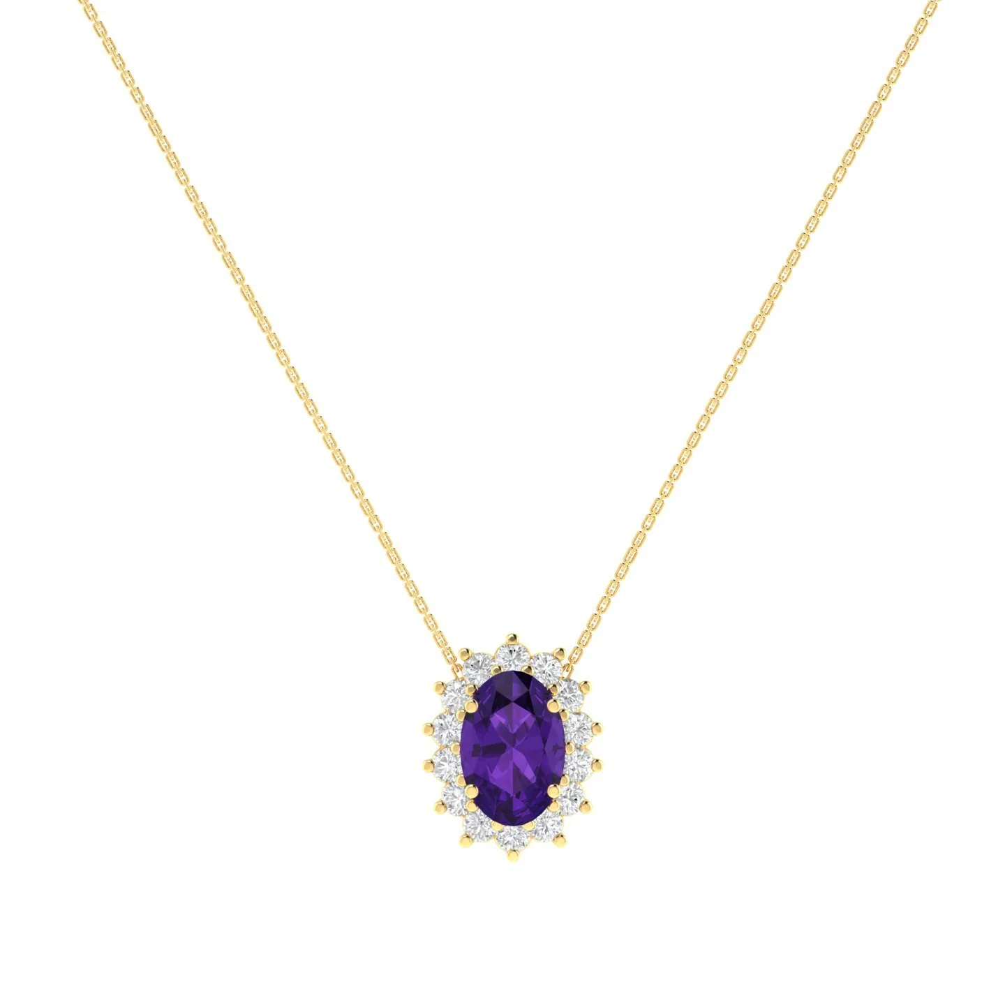 Amethyst and diamond halo pendant