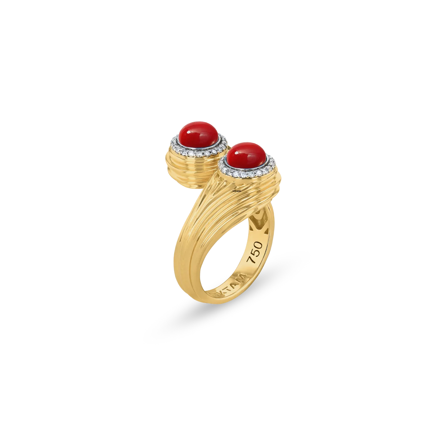 Amwaj bypass ring in 18k gold with red coral cabochons and diamond halos