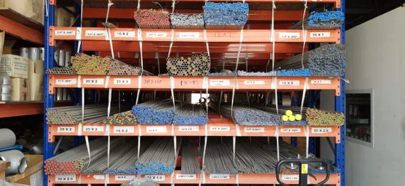 Stainless steel tubing stored in labelled, size-sorted racking