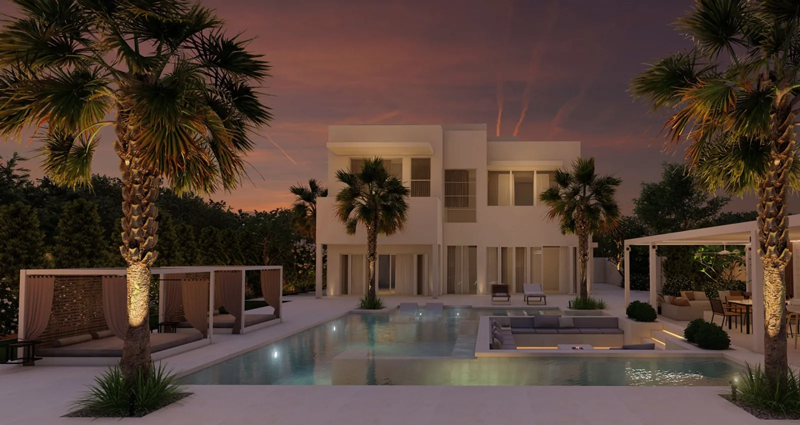 Luxury villa garden and pool at dusk by Green Vista