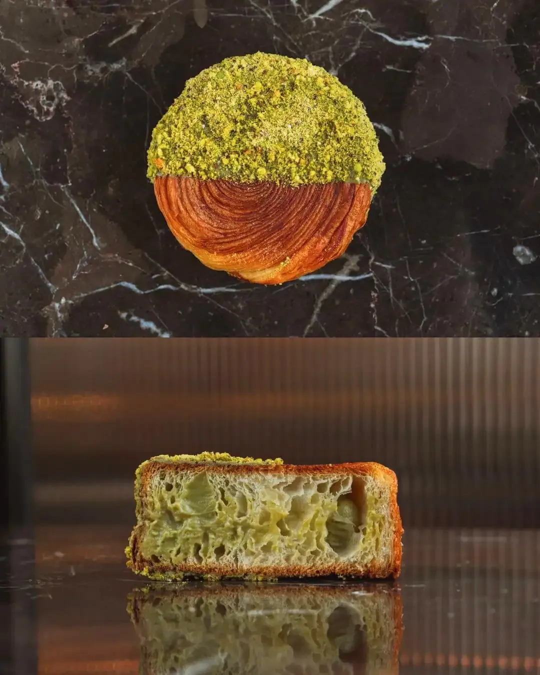 A round pistachio-crusted croissant shown whole and in cross-section