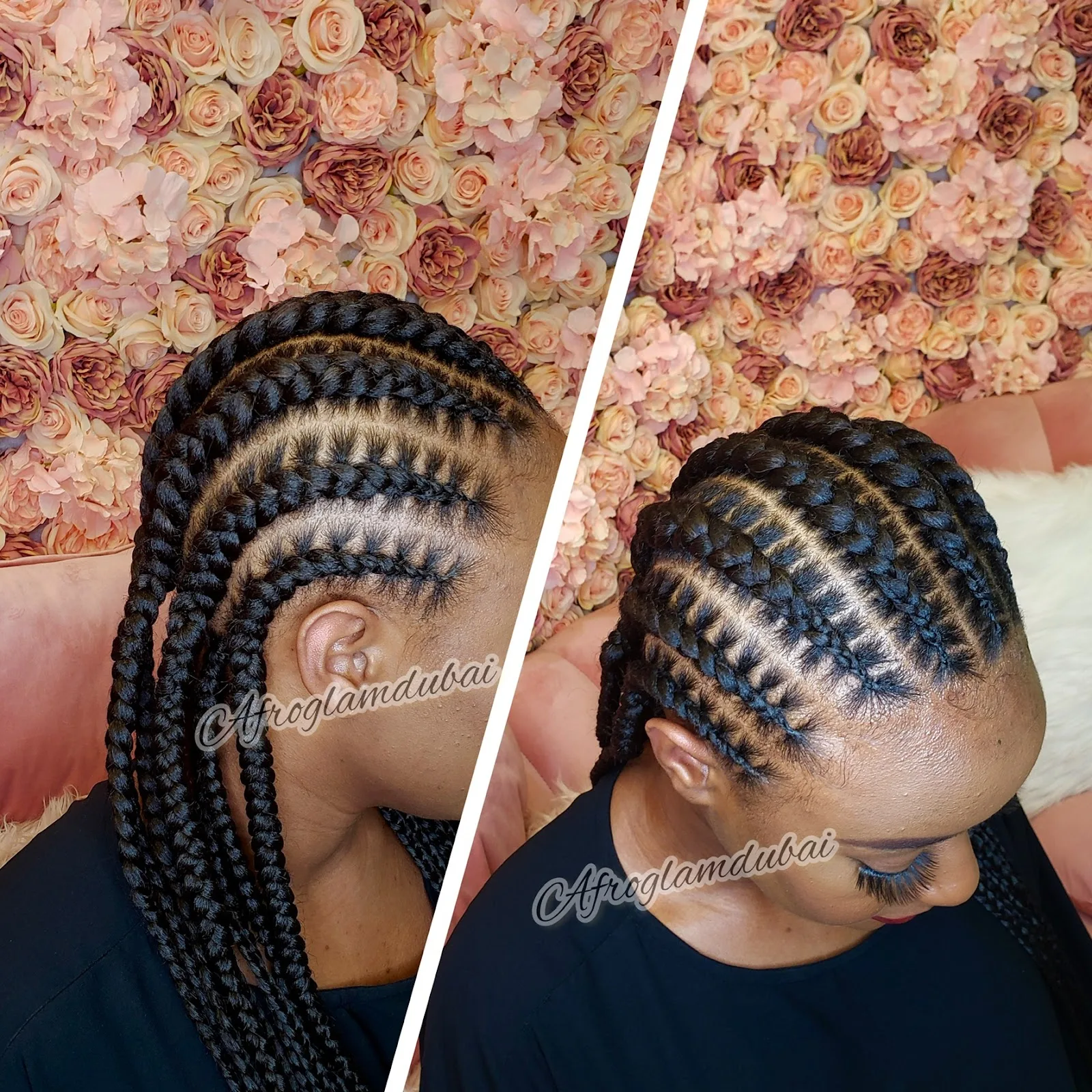 Knotless braids with curly ends against the rose flower wall