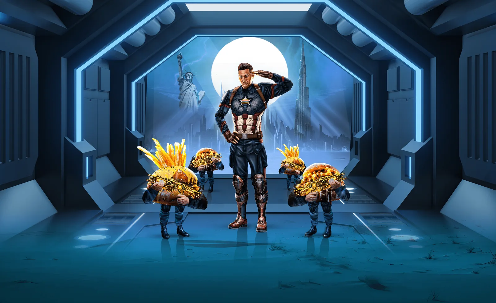 Bossman's cheat-day hero artwork: a caped figure flanked by burger-headed characters in a futuristic corridor, Dubai skyline beyond