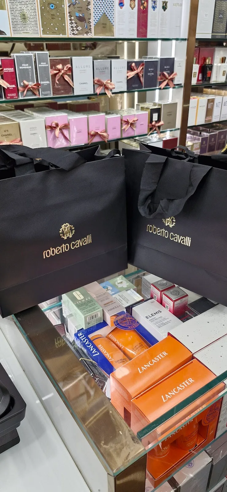 Designer fragrance displays inside the store