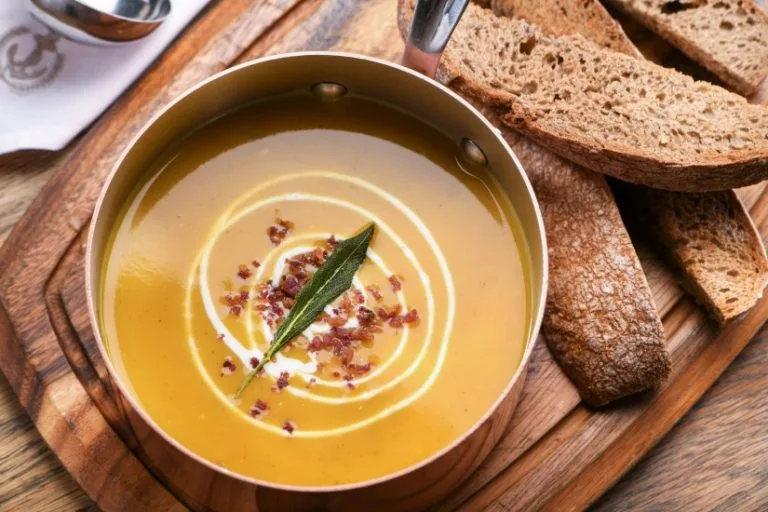Bowl of pumpkin soup with a cream swirl and toasted bread
