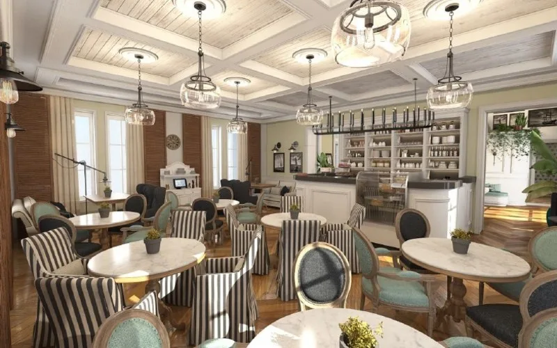 Bright Hamptons-style dining room with coffered ceilings and striped chairs