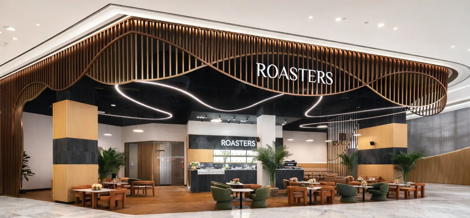 Interior of Roasters Specialty Coffee House with a sculpted timber-slat ceiling, illuminated ROASTERS sign and green lounge seating
