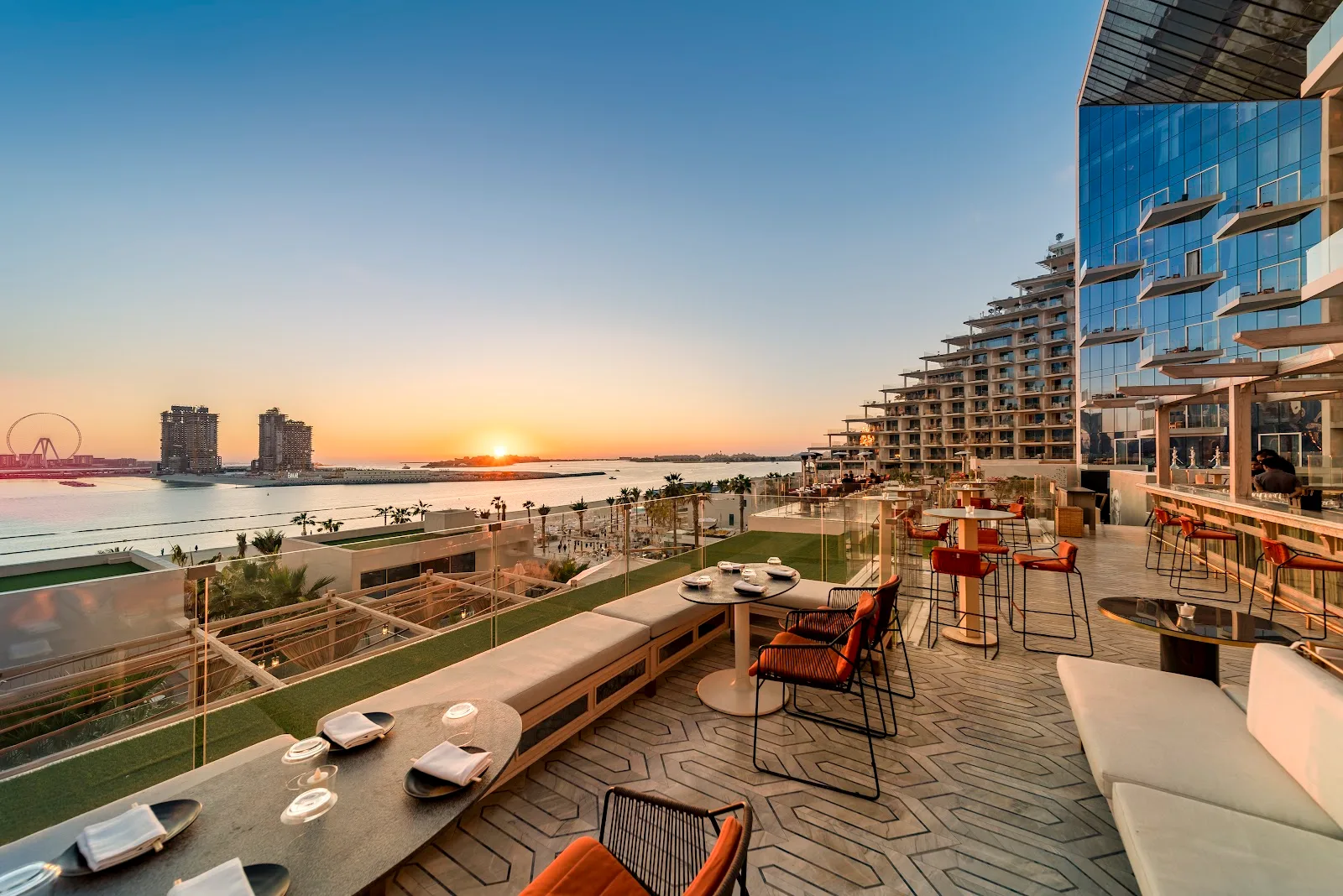 Maiden Shanghai terrace at sunset overlooking Dubai Marina from Palm Jumeirah