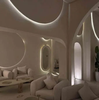 Soft sculpted cream interior of La Letizia with curved archways and lounge seating