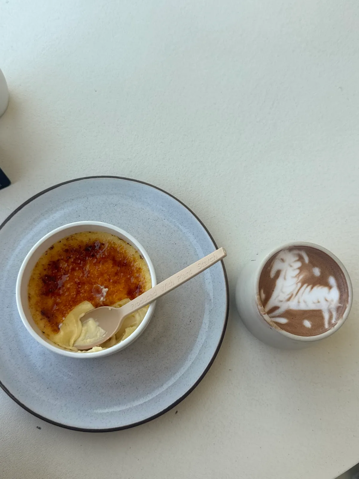 Crème brûlée with a torched sugar top next to a cappuccino with leaf latte art.