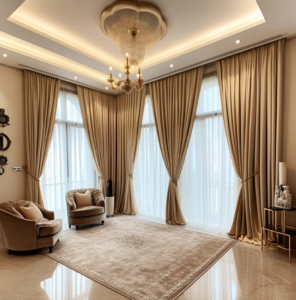 Floor-to-ceiling pinch-pleat curtains with layered sheers in a Dubai living room