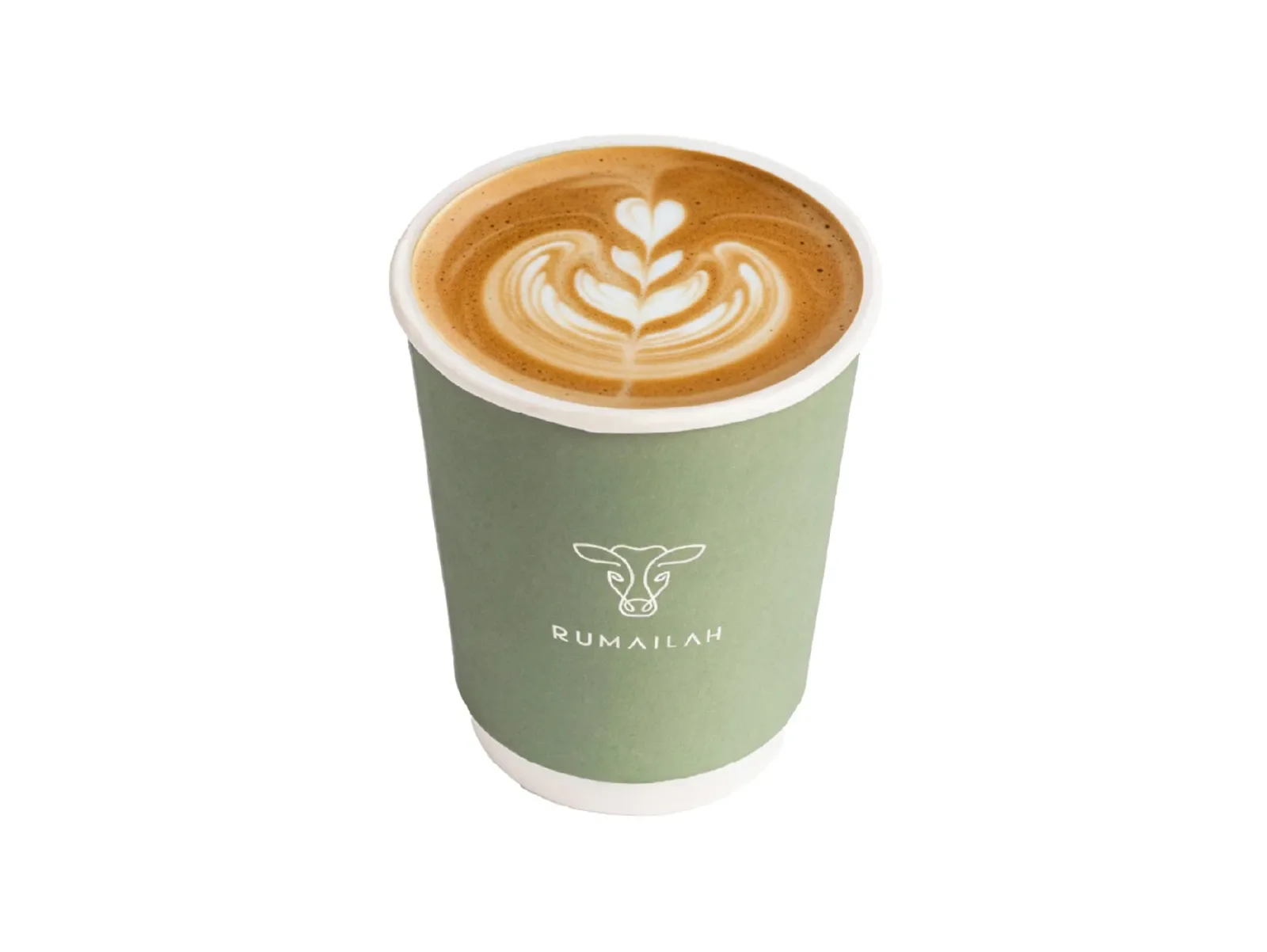 Cortado coffee in a green Rumailah cup with latte art