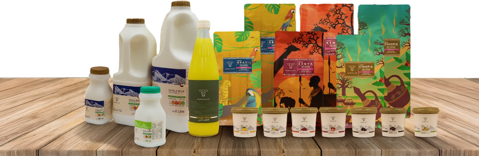 Rumailah farm products — whole milk, fresh laban, Arabic ghee, single-origin coffee bags and yogurts