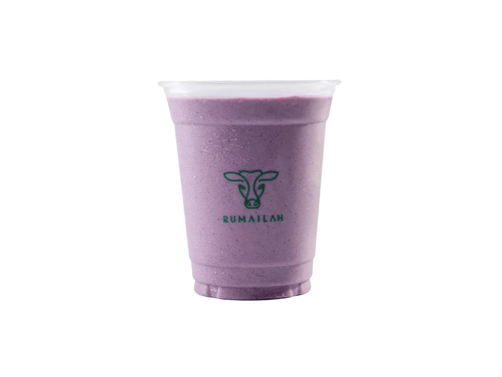 Blueberry milkshake in a clear Rumailah cup