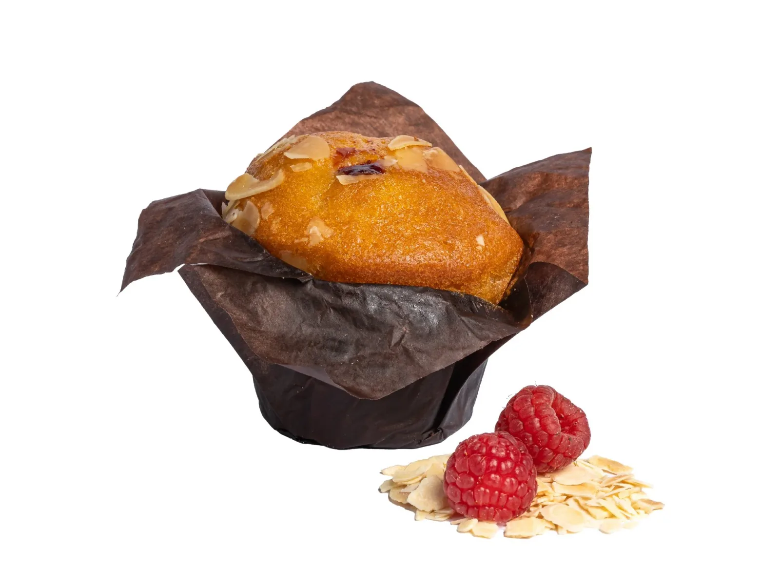 Raspberry almond muffin with flaked almonds