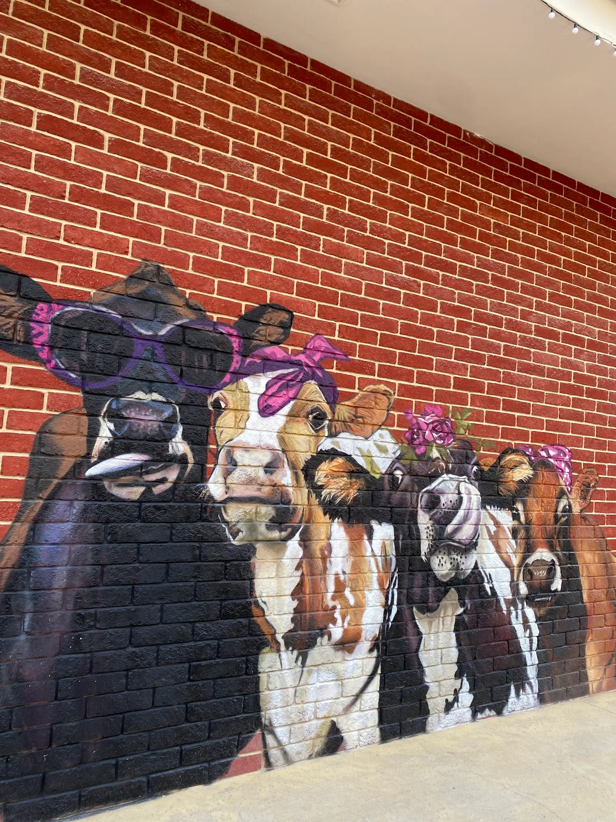Mural of cows wearing glasses and bandanas on a brick wall