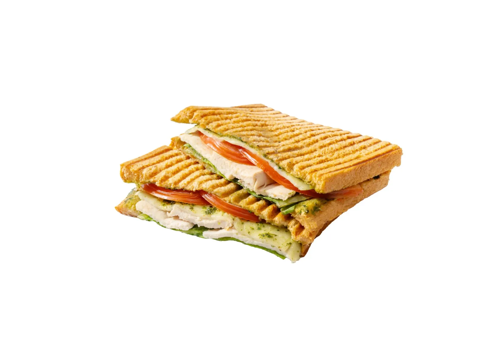 Roast chicken, mozzarella and pesto toasted panini