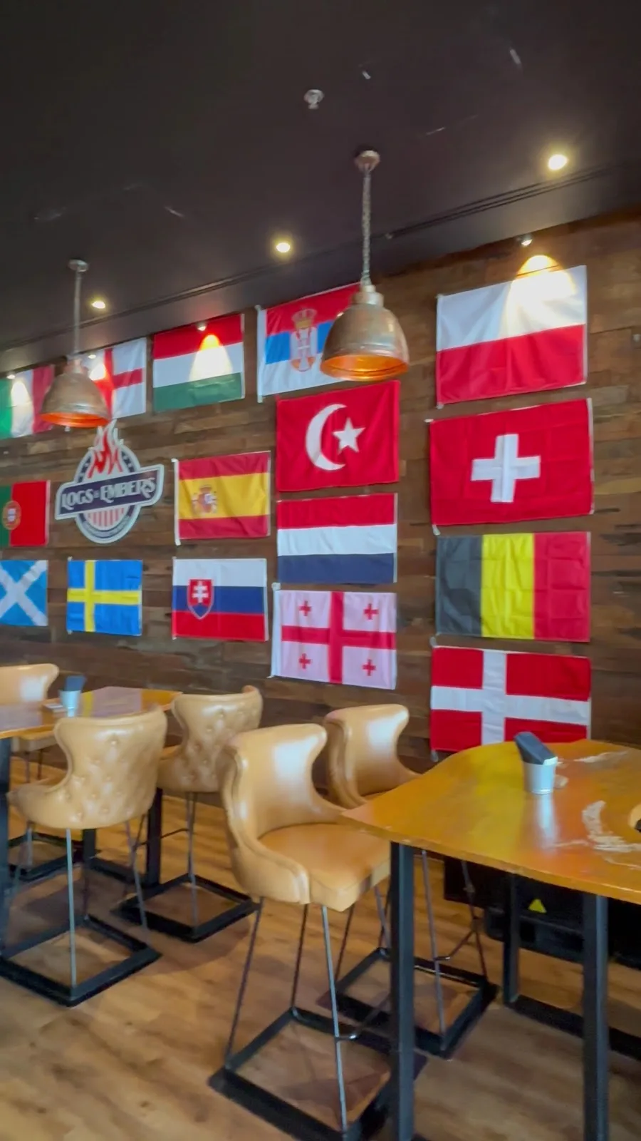 Interior wall covered with international flags