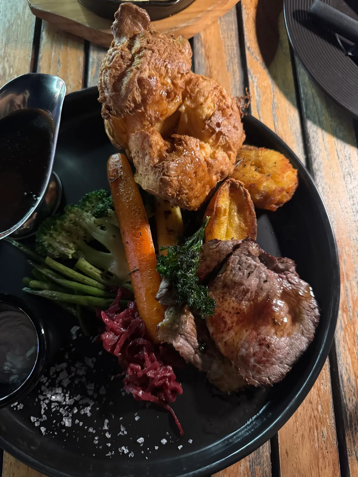 Sunday roast plate with sliced beef, Yorkshire pudding, roast potatoes and vegetables