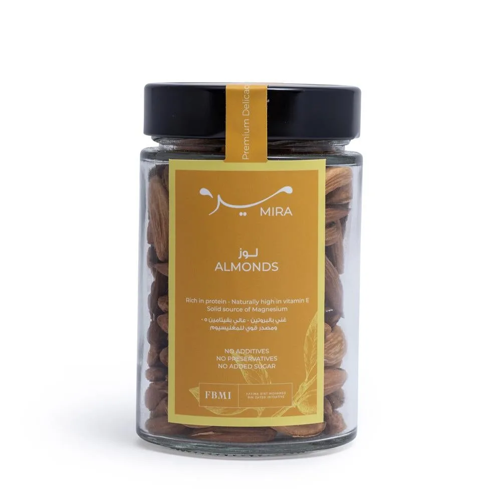 A jar of premium almonds from the MIRA pantry range.