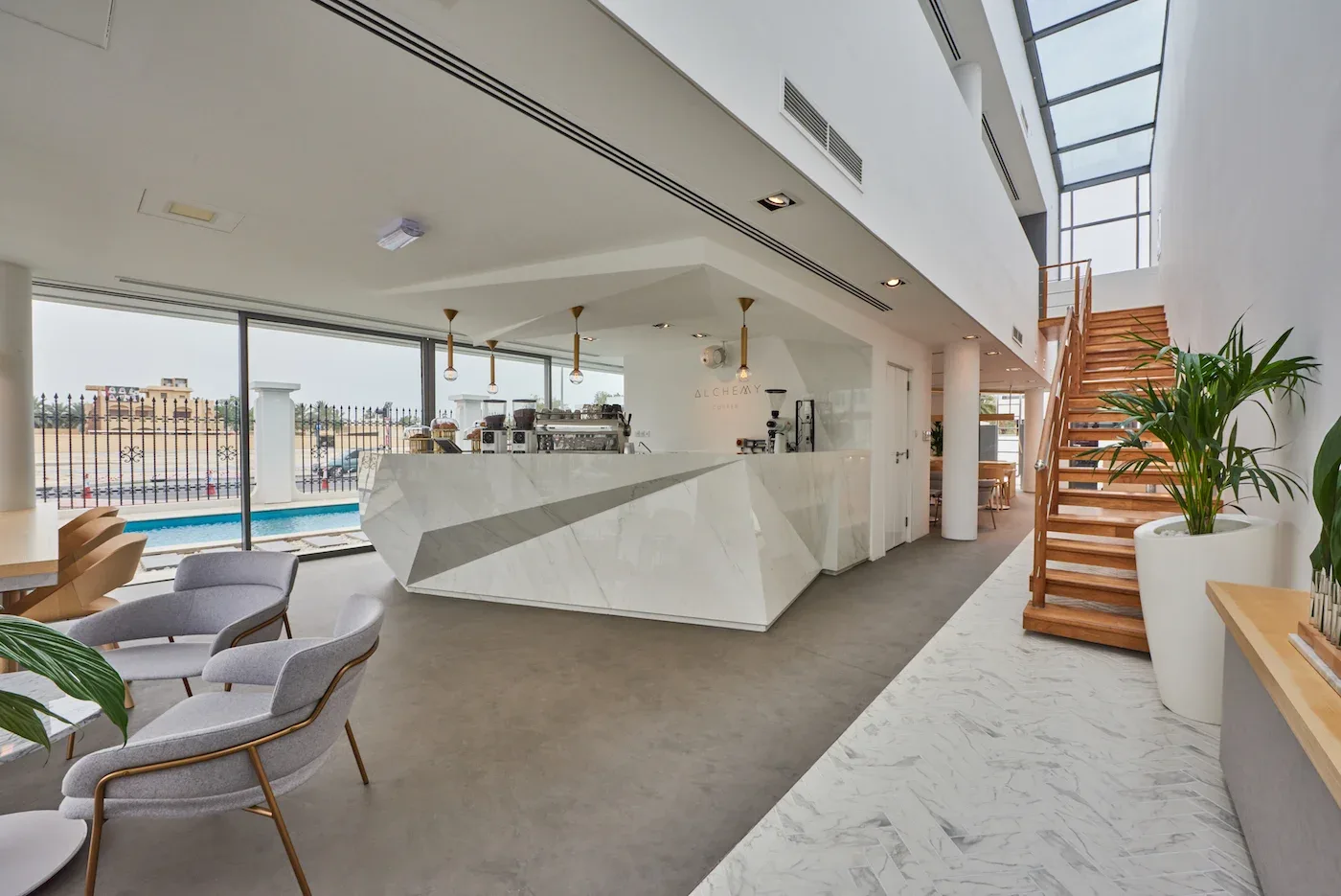 Marble service counter and light-filled interior