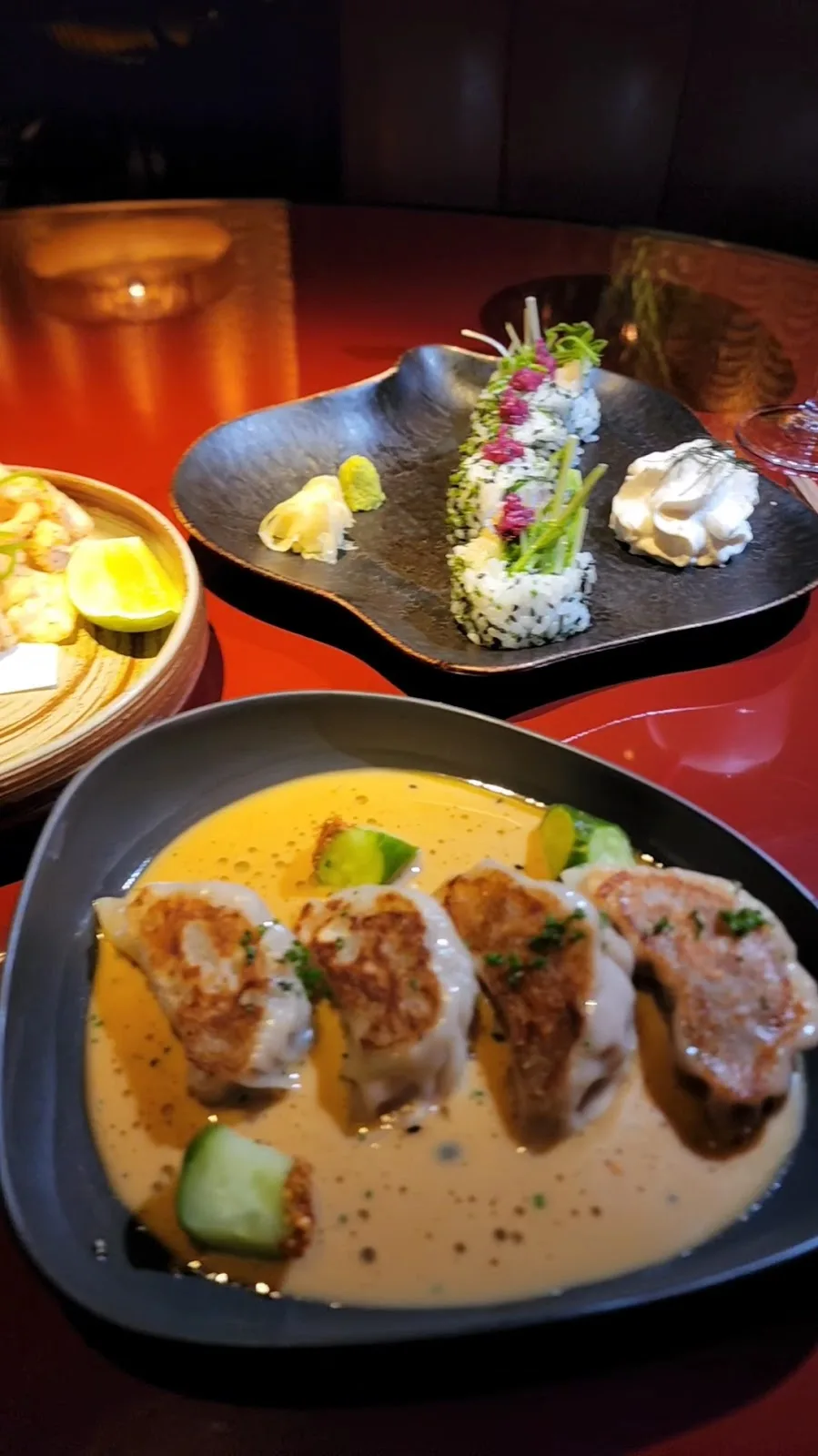 Pan-fried dumplings in a savoury sauce