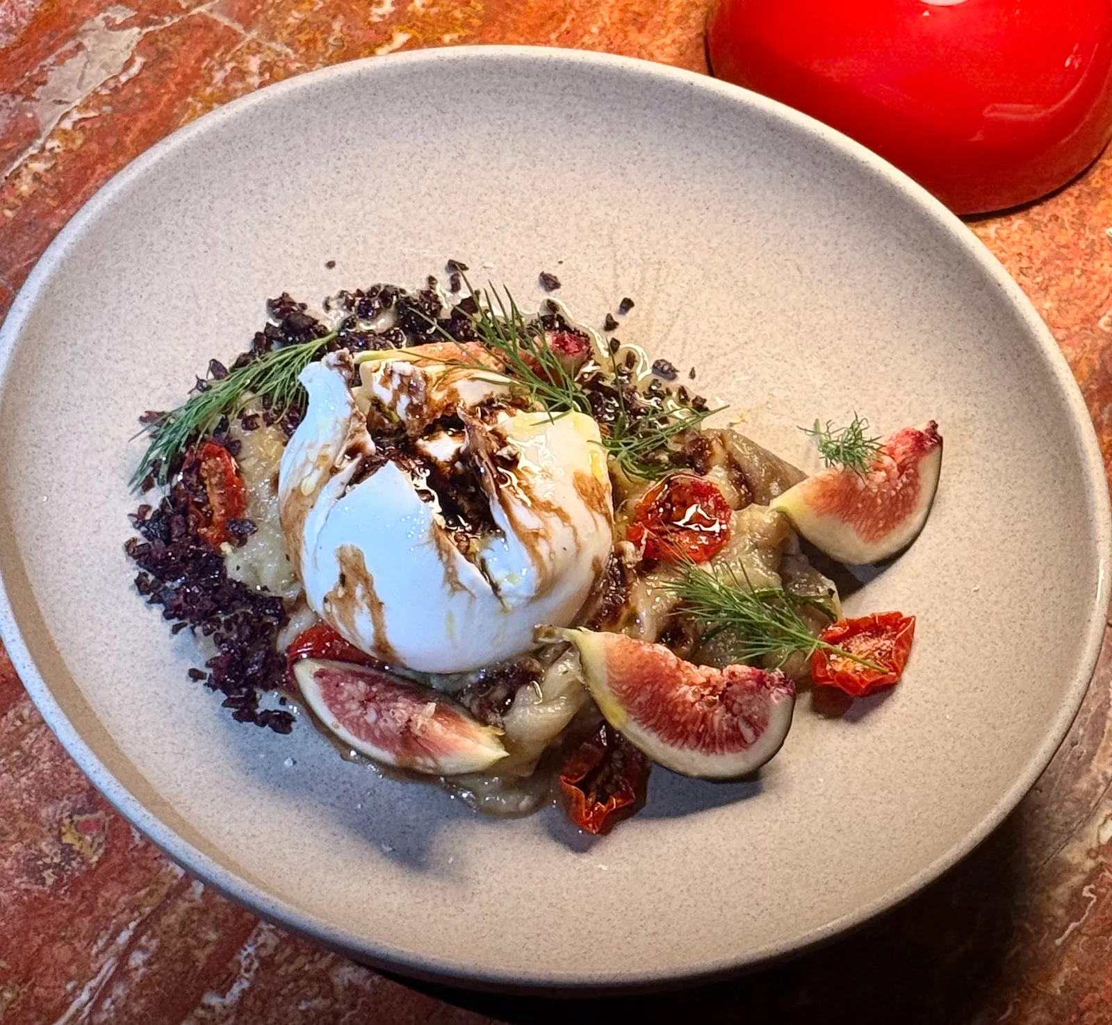 Burrata with figs, tomato and olive crumb