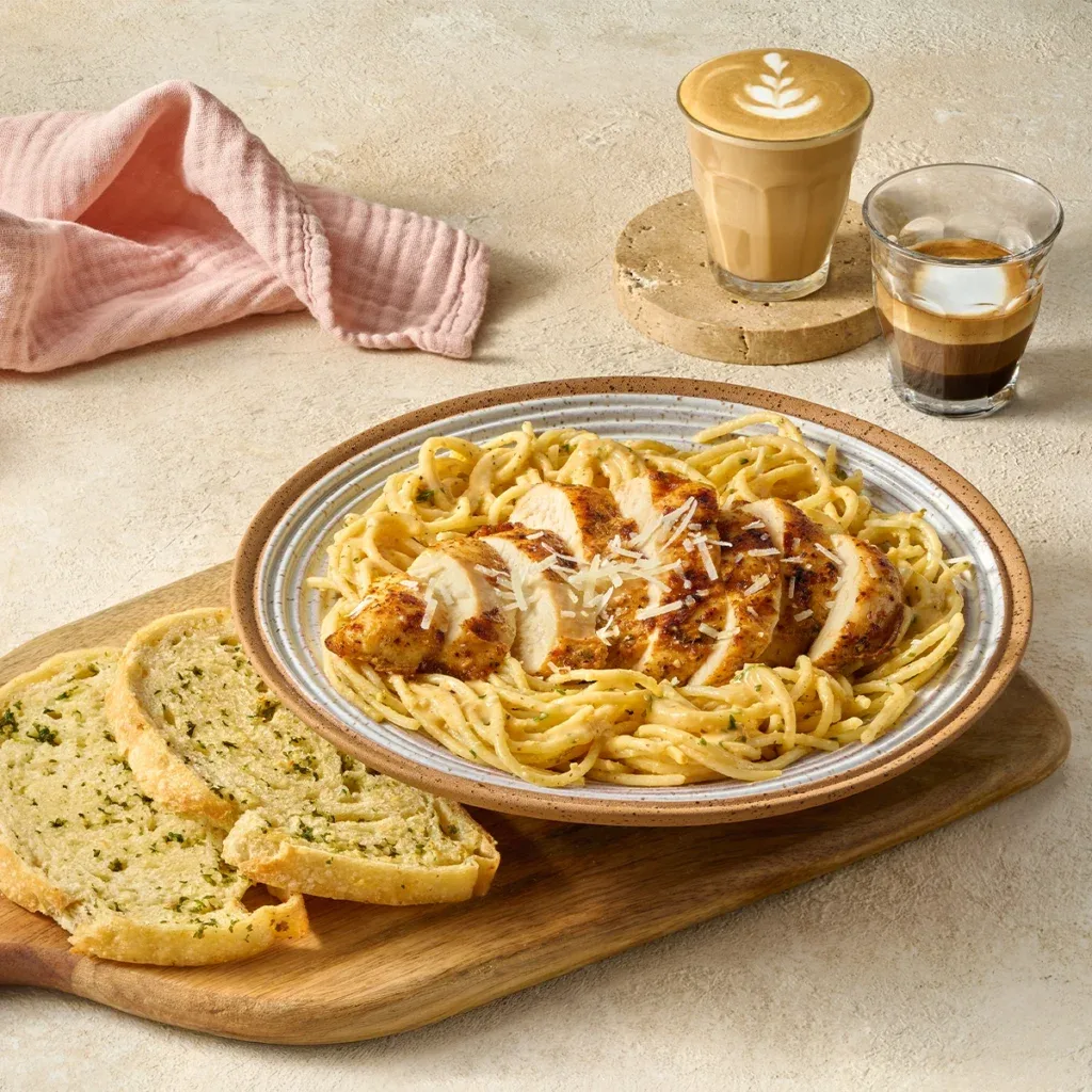 Chicken pasta with garlic bread and coffee