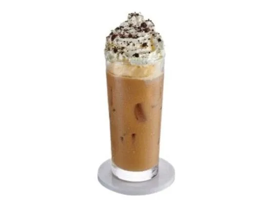Tall iced coffee topped with cream