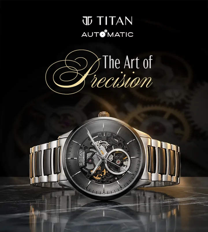 Titan automatic skeleton watch with an open movement, two-tone steel bracelet