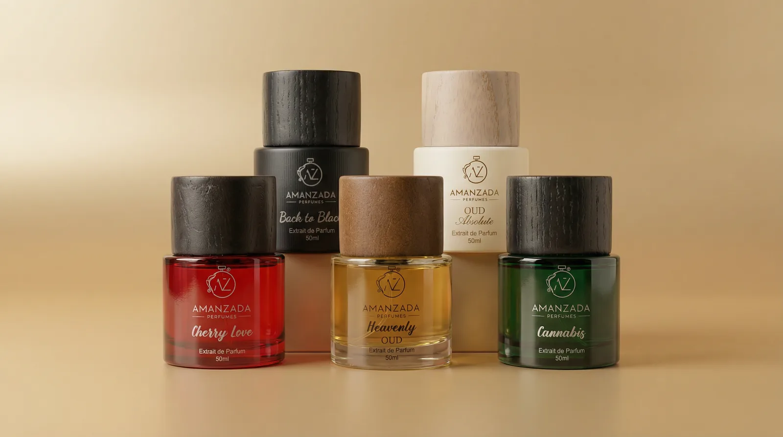 Amanzada Cannabis extrait de parfum, forest-green bottle, shown with the signature line