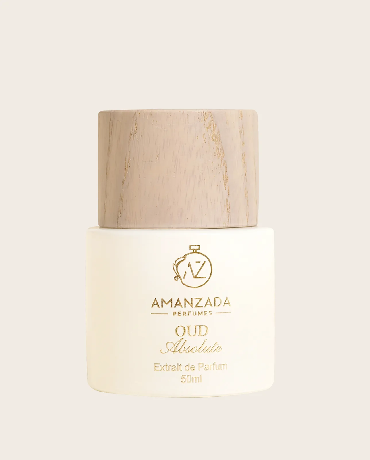 Amanzada Oud Absolute extrait de parfum in an ivory flacon with pale wood cap