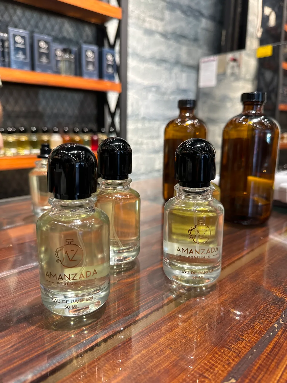 Eau de parfum bottles on the counter