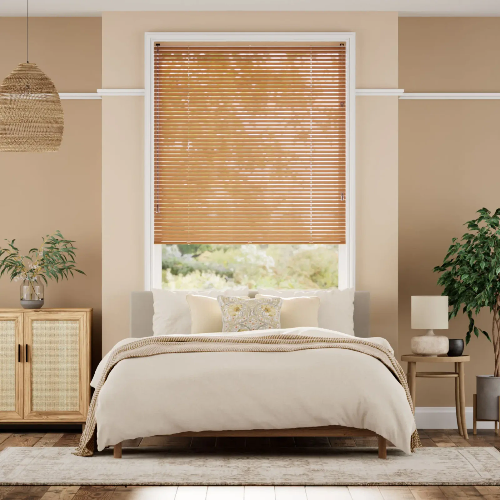Warm wooden Venetian blind in a beige bedroom